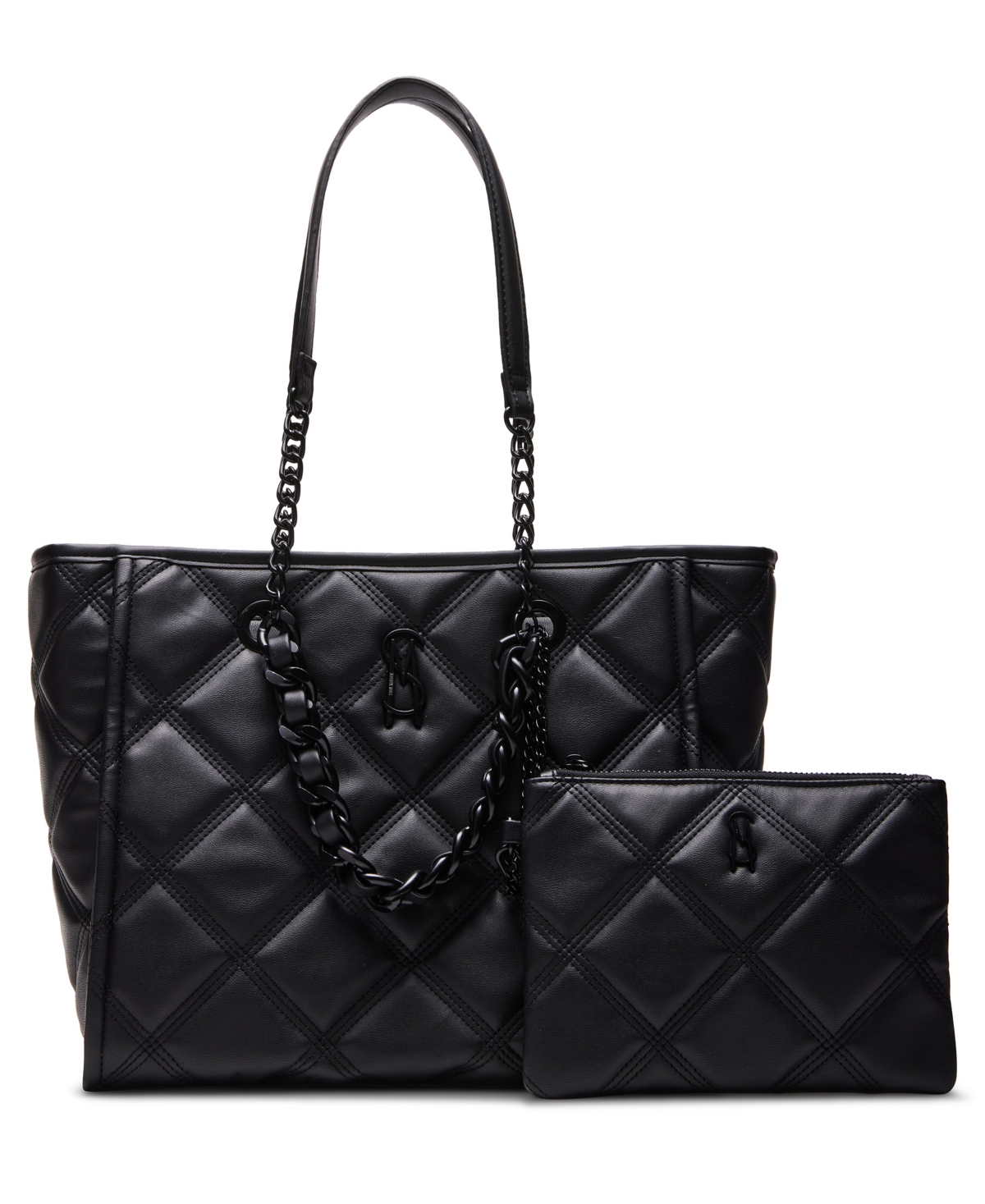 Katt Faux Leather Quilted Tote with Pouch - Black
