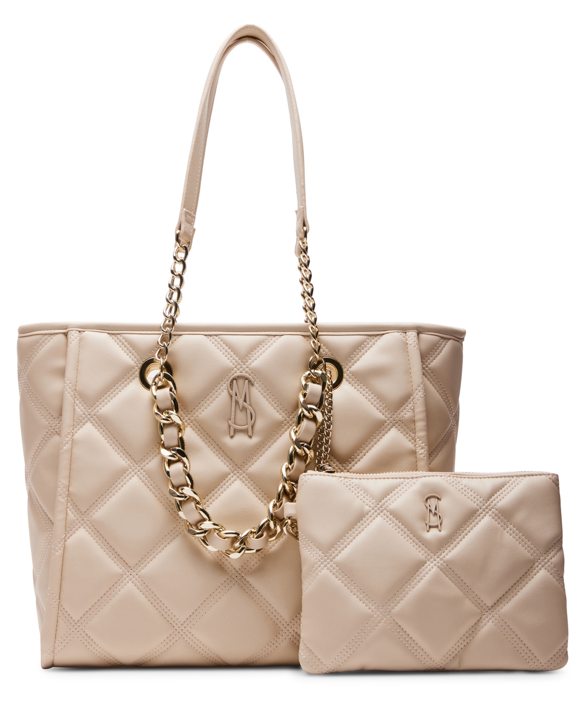 Katt Faux Leather Quilted Tote with Pouch - Bone