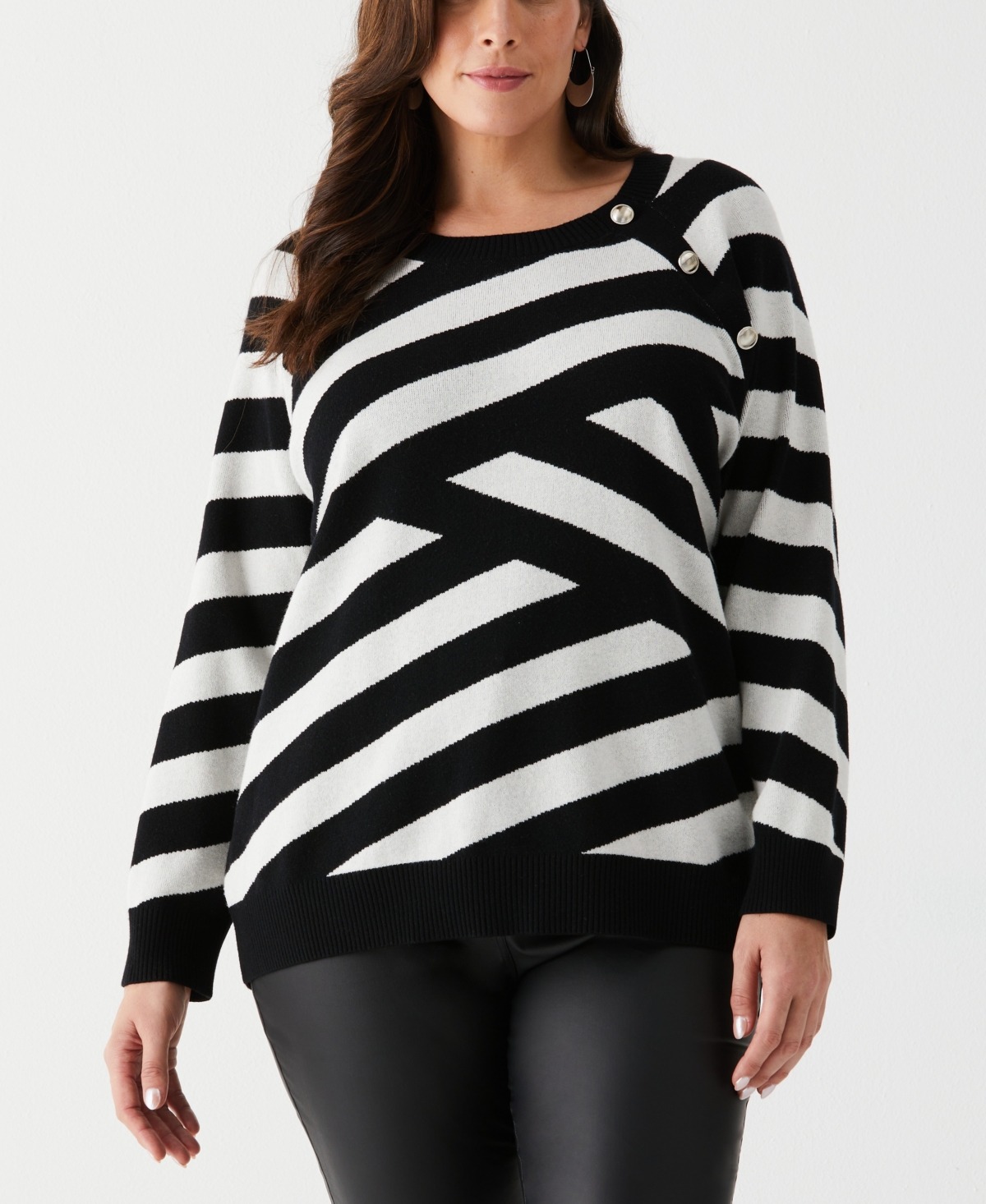 Plus Size Patterned Button Trim Long Sleeve Sweater - Black