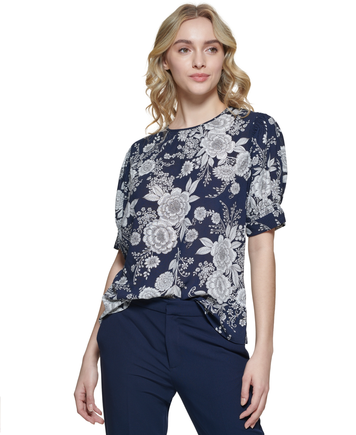 Tommy Hilfiger Women's Floral Cuffed Puff-sleeve Blouse In Midnight