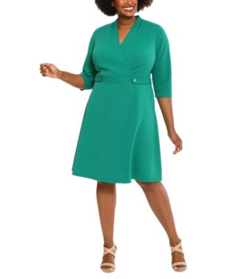 green emerald velvet dress London Times 3/4 Sleeve Seamed Side Tab Fit & Flare Midi Dress