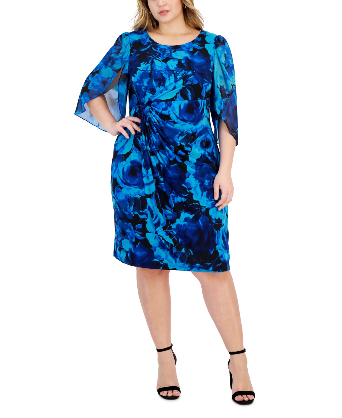 Connected Plus Size Chiffon Tulip-sleeve Sheath Dress In Navy