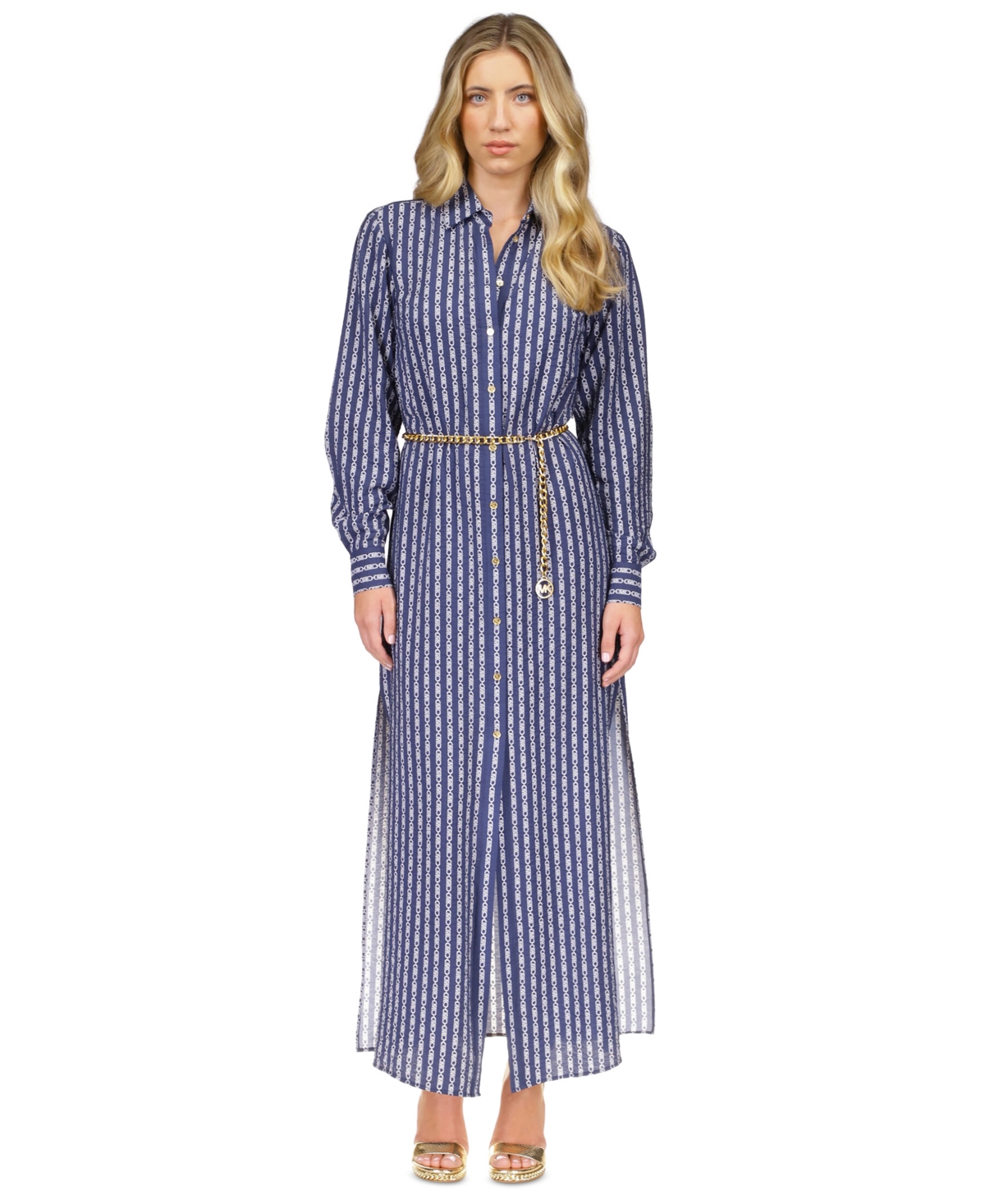 Michael Kors Michael  Women's Printed Belted Maxi Shirtdress In Midnight Blue