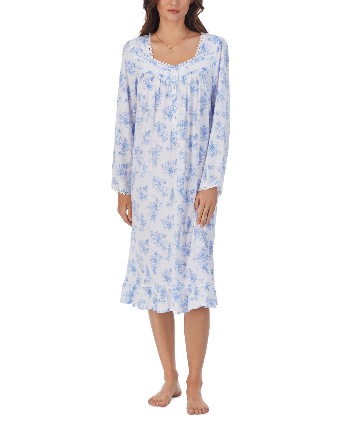 Shop Eileen West Women's Floral Lace-trim Waltz Nightgown In White Blue Floral
