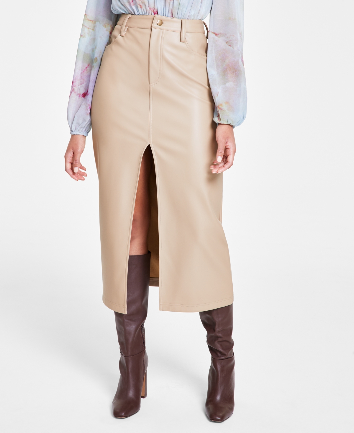 Women's Avani Faux-Leather Front-Slit Maxi Skirt - Camel