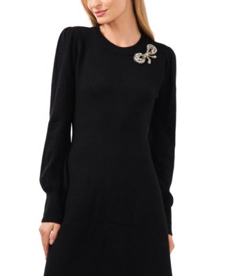 Women's Rhinestone Bow Long-Sleeve Sweater Dress