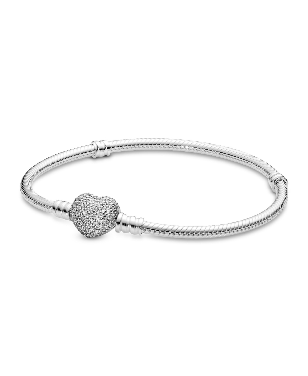 Pandora Moments Cubic Zirconia Pave Heart Clasp Snake Chain Bracelet In Silver