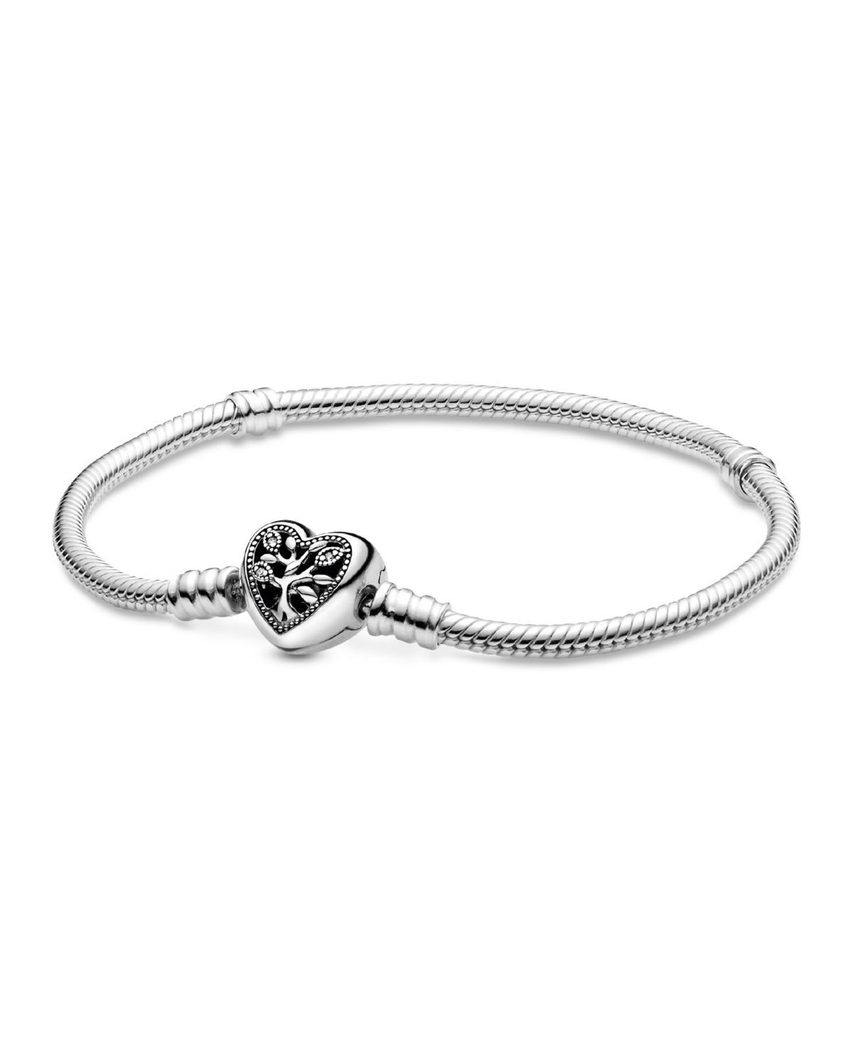 Pandora Moments Cubic Zirconia Family Tree Heart Clasp Snake Chain Bracelet In Silver