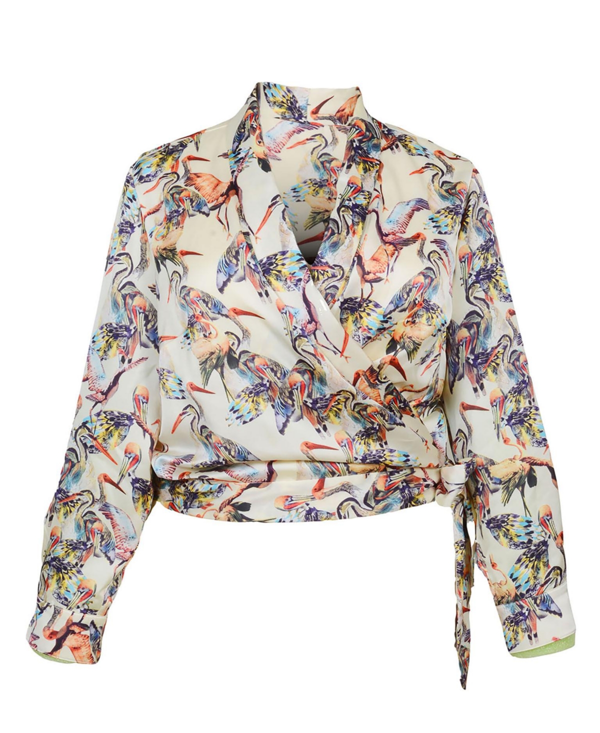 - Women's Plus Size Donna Shawl Collar Wrap Blouse - Crane print