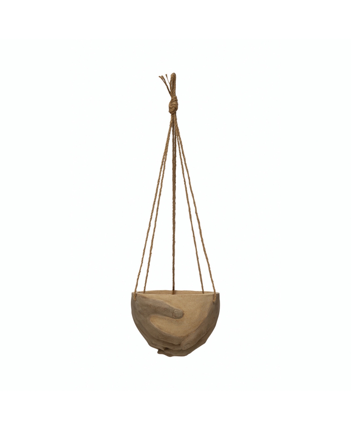 Hanging Resin and Cement Planter with Hands and Jute Hanger - Terracotta