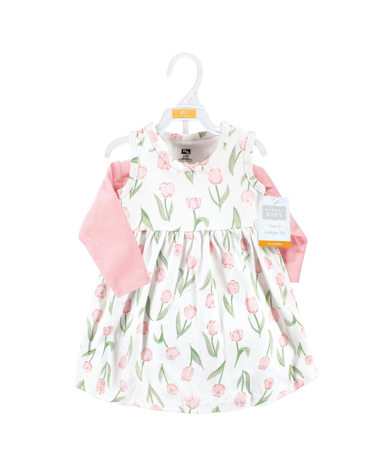 Hudson Baby Toddler Girls Cotton Dress and Cardigan Set,- Pink tulips