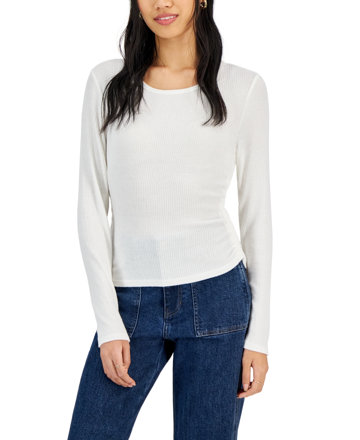 Juniors' Soft Ribbed Side-Ruched Long-Sleeve Top - Seagrass