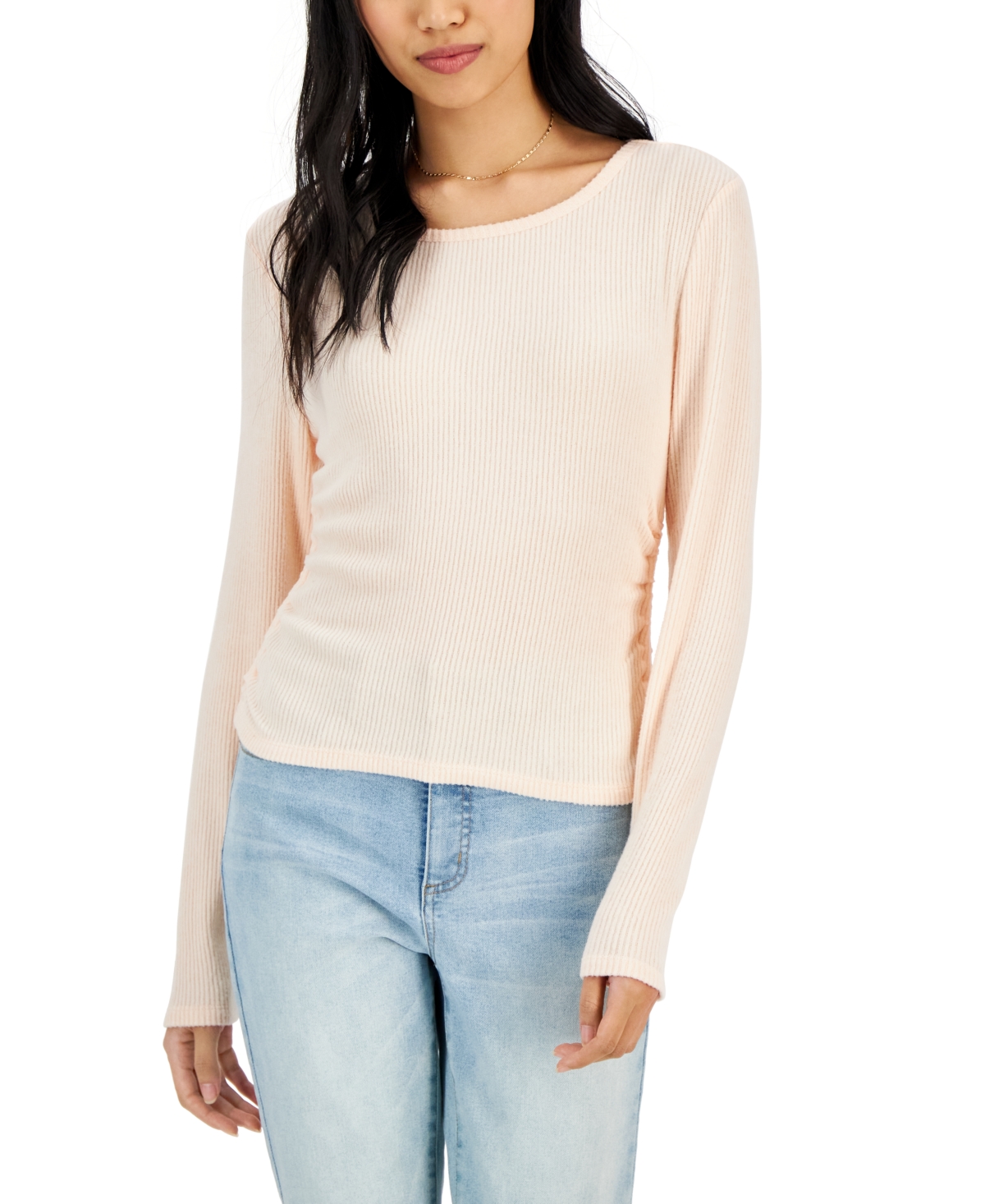 Juniors' Soft Ribbed Side-Ruched Long-Sleeve Top - Peachy Kiss