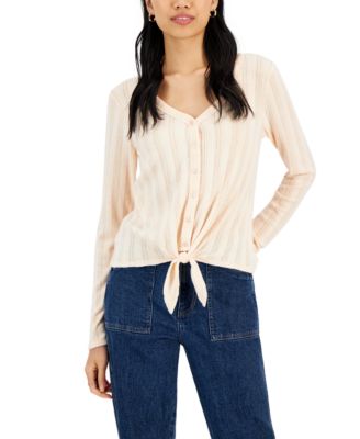 Hippie Rose Juniors' Cozy Pointelle-Knit Tie-Front Top - Macy's