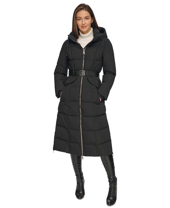 DKNY Women's Mixed-Media Belted Hooded Maxi Puffer Coat - Macy's