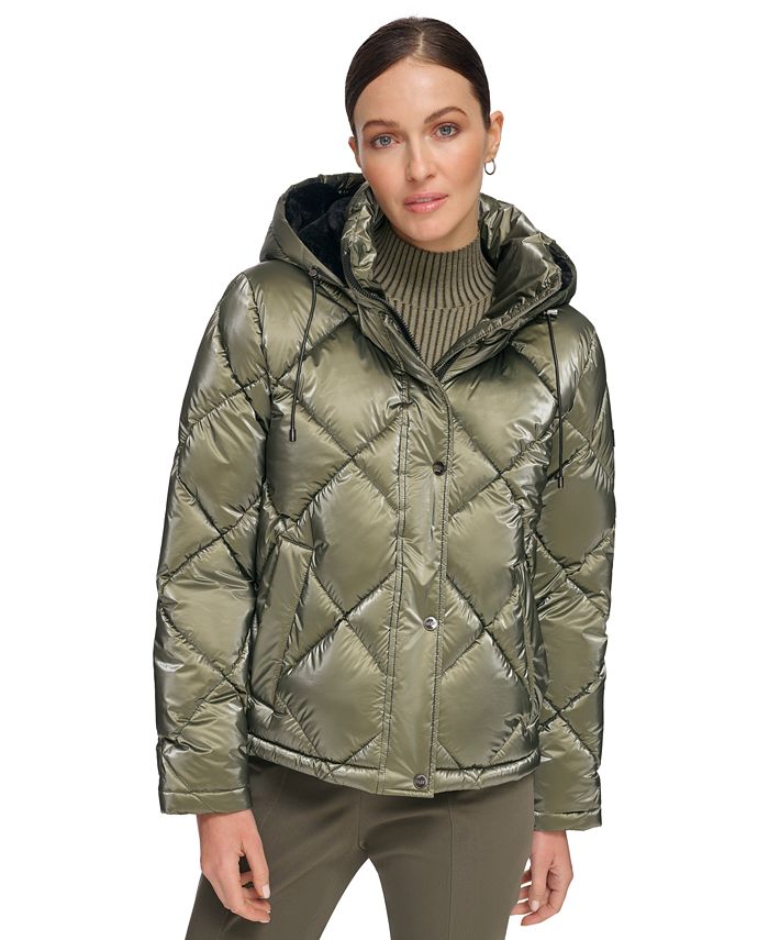 DKNY Women's Quilted Water Resistant Hooded Down Coat (Black, L) 