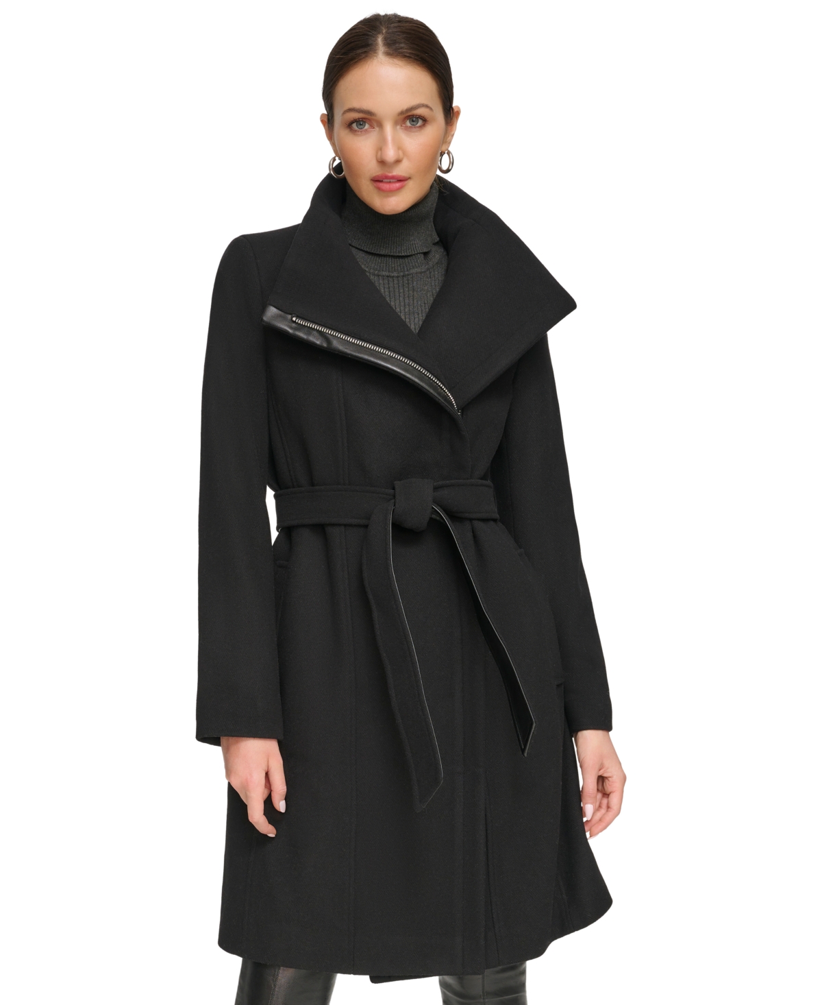 Women's Asymmetrical Belted Funnel-Neck Wool Blend Coat - Black