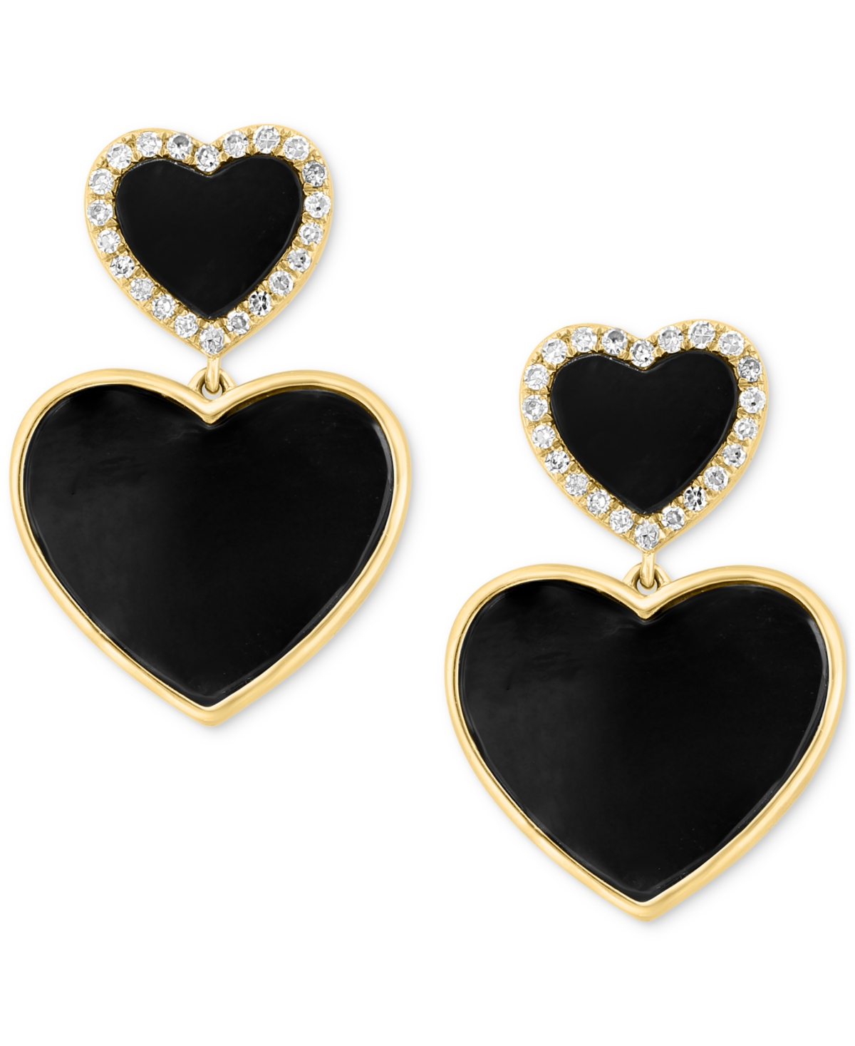 Effy Onyx & Diamond (1/5 ct. t.w.) Double Heart Halo Drop Earrings in 14k Gold - 14K Gold