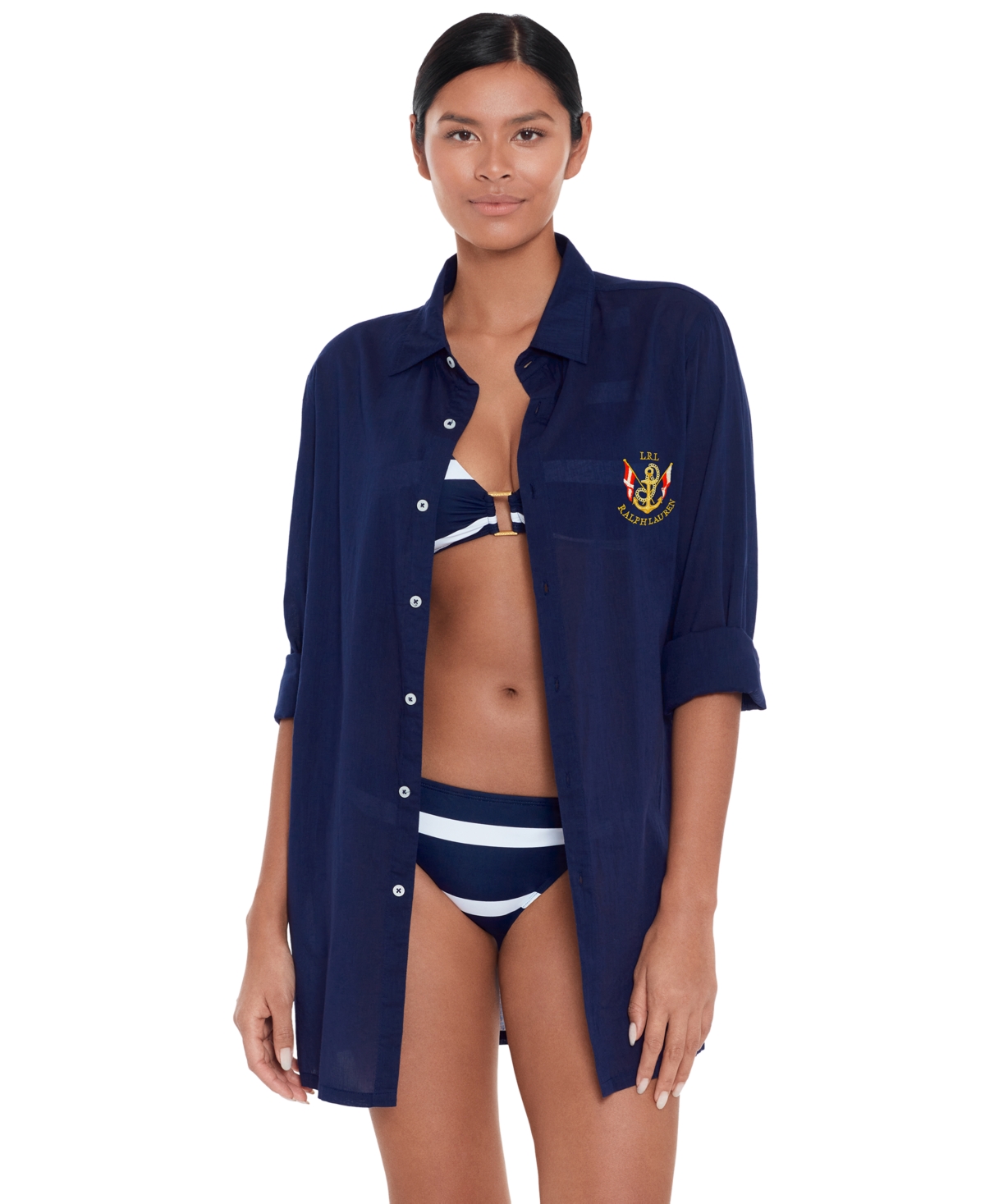 Lauren Ralph Lauren Women's Embroidered Oversized Camp Shirt In Dark Navy