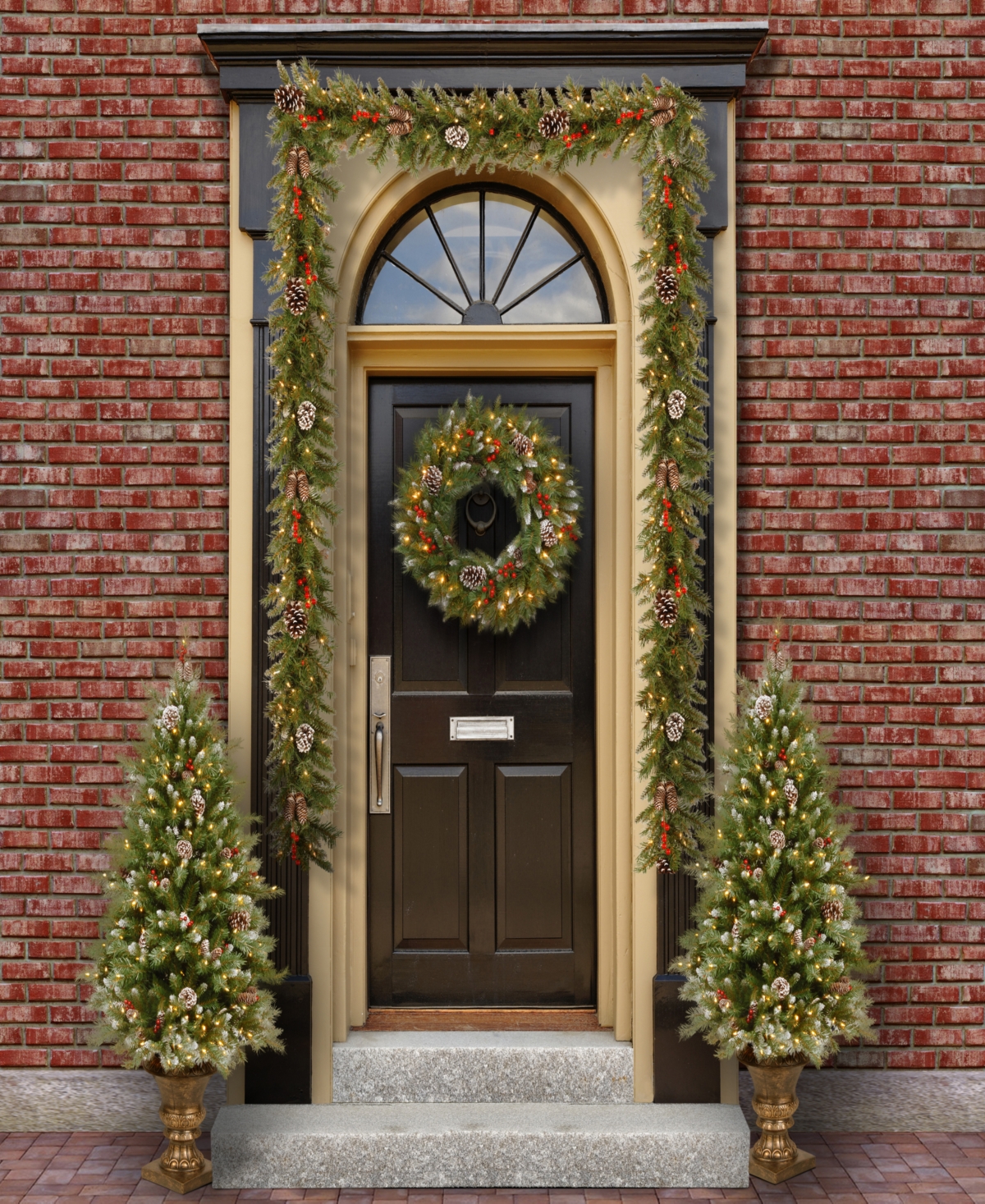 National Tree Company Frosted Berry Assortment- 2x 4' Entrance Trees with Clear Lights + 24" Wreath with Warm White Battery Operated Lights w/Timer +