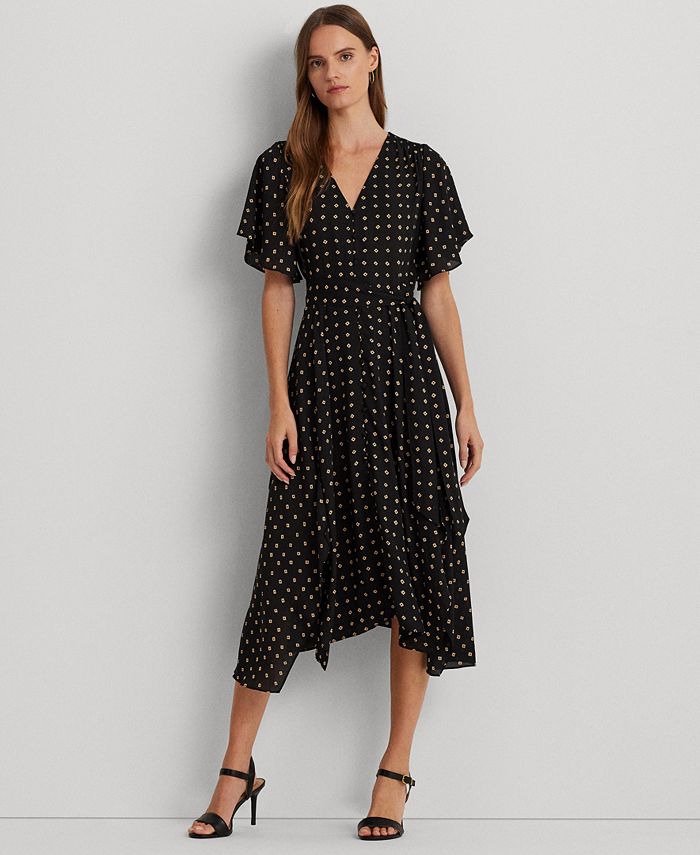 Buy Polka Dot Print Wrap Dress with Flutter Sleeves and Tie-Ups