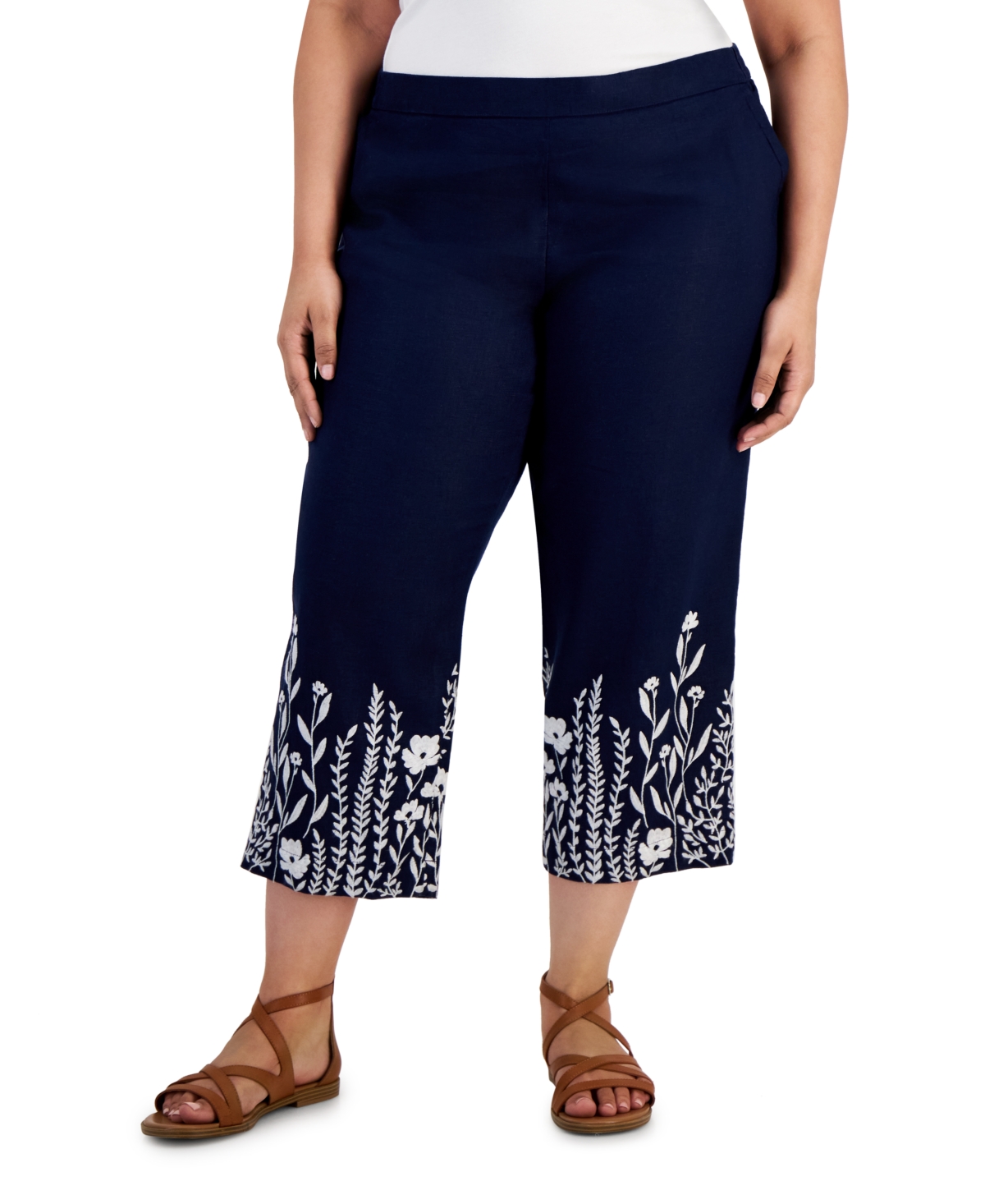 Plus Size 100% Embroidered Linen Pants, Created for Macy's - Intrepid Blue