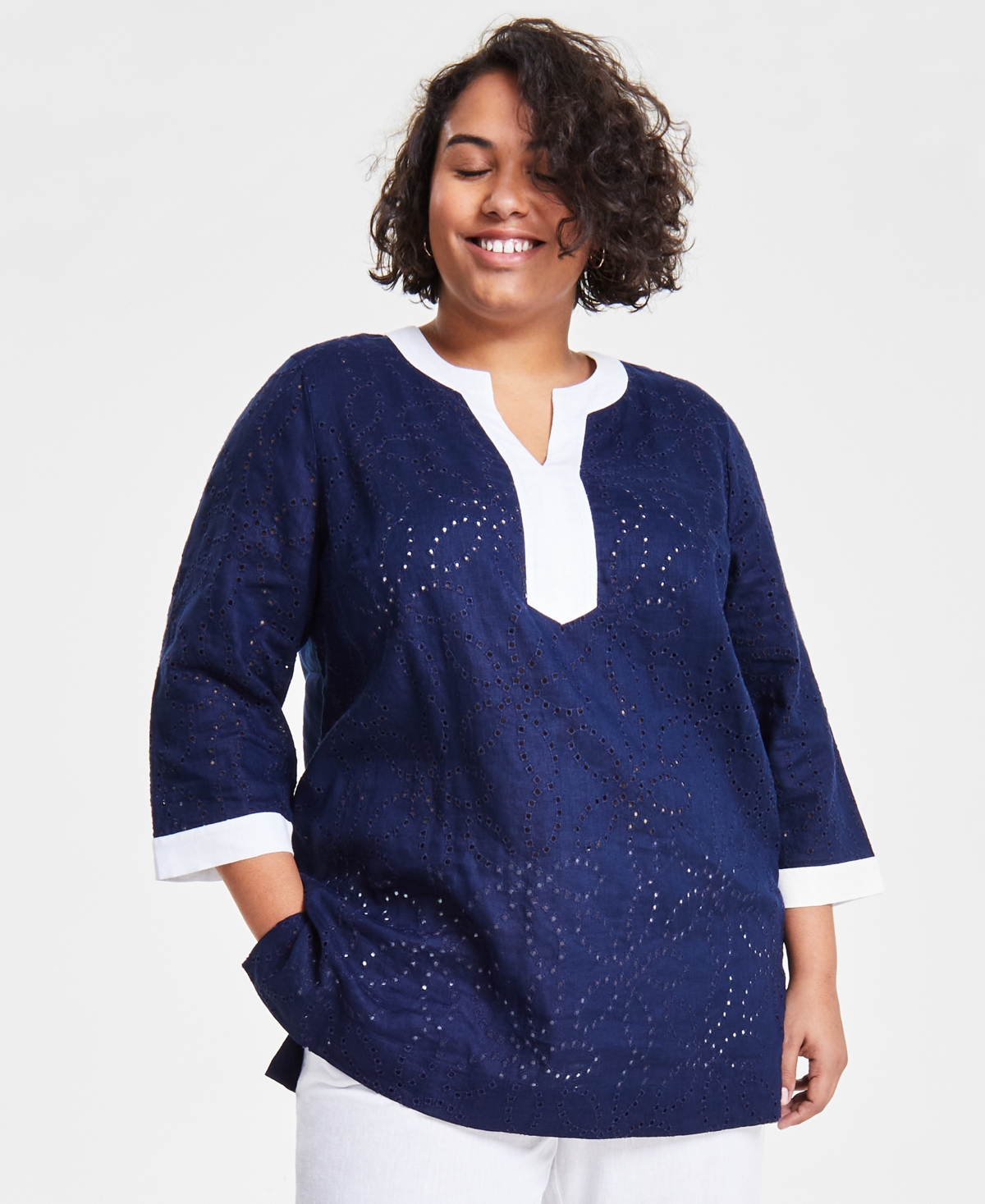 Shop Charter Club Plus Size 100% Linen Eyelet Tunic Top, Created For Macy's In Intrepid Blue