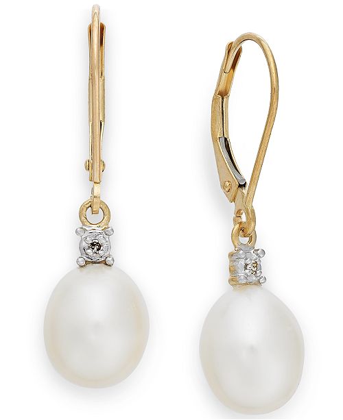 Macy's Cultured Freshwater Pearl (8mm) and Diamond Accent Earrings in ...