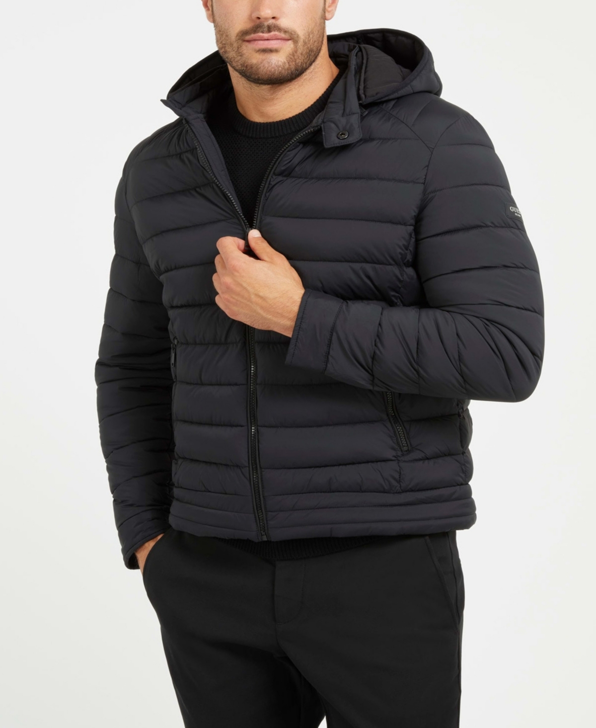 Guess Men s Tech Stretch Hooded Jacket Jet Black Smart Closet