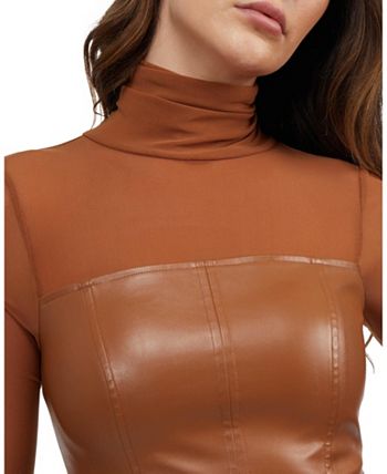 Bebe Women's Long Sleeve Mesh Top with Faux Leather Bustier