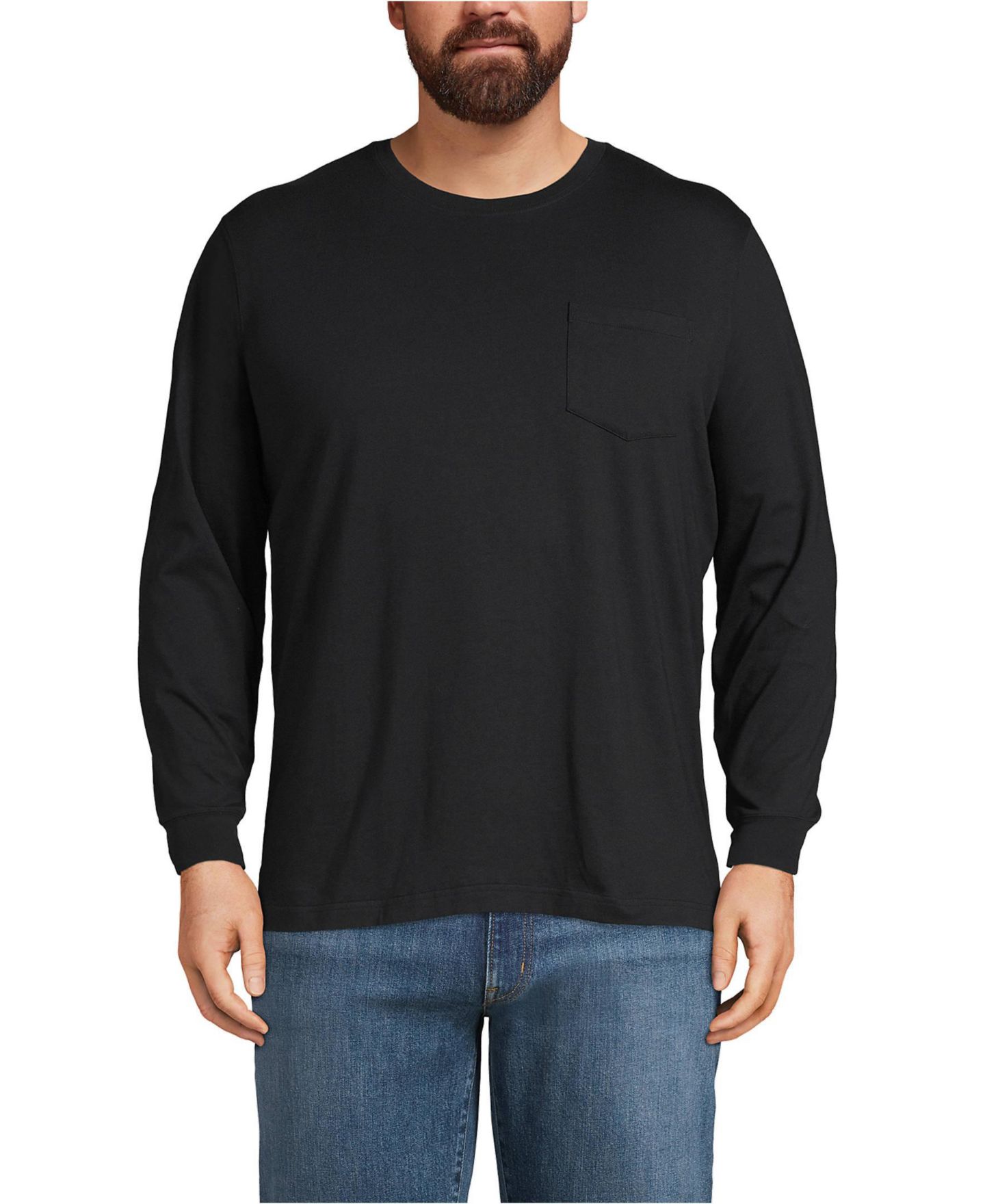 Мужская футболка Lands' End Big & Tall Super-T Long Sleeve T-Shirt with Pocket, цвет: Чёрный — фото 1