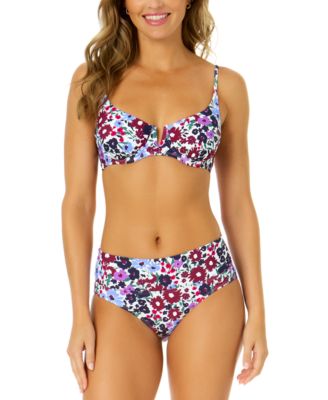 Anne Cole Womens Printed V Wire Bikini Top Soft Band Mid Rise Bottoms In Navy Disty Floral
