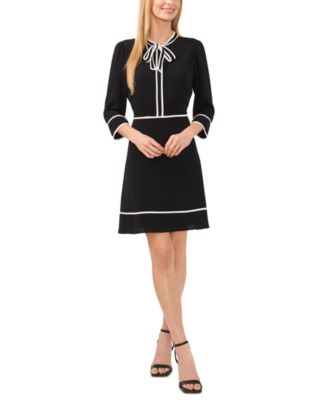 CeCe - Women's Contrast-Trim Bow-Neck A-Line Dress