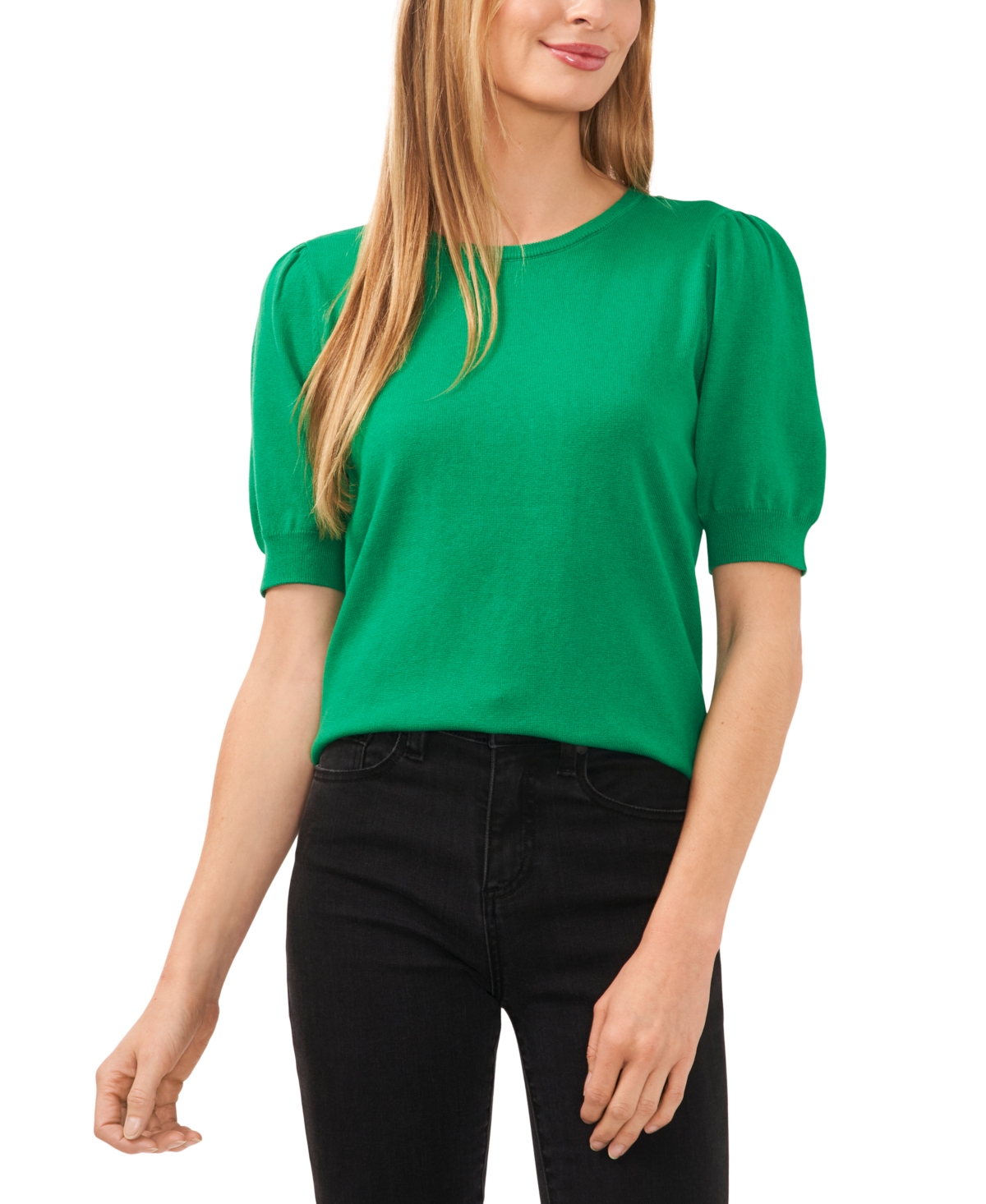 Women's Crewneck Puff Sleeve Cotton Sweater - Electric Green