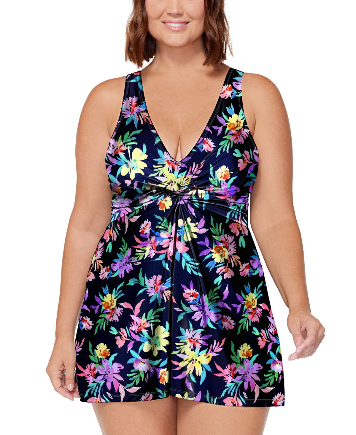 Island Escape Plus Size Magnolia Floral-print Swim Dress, Created For Macy's In Black Multi