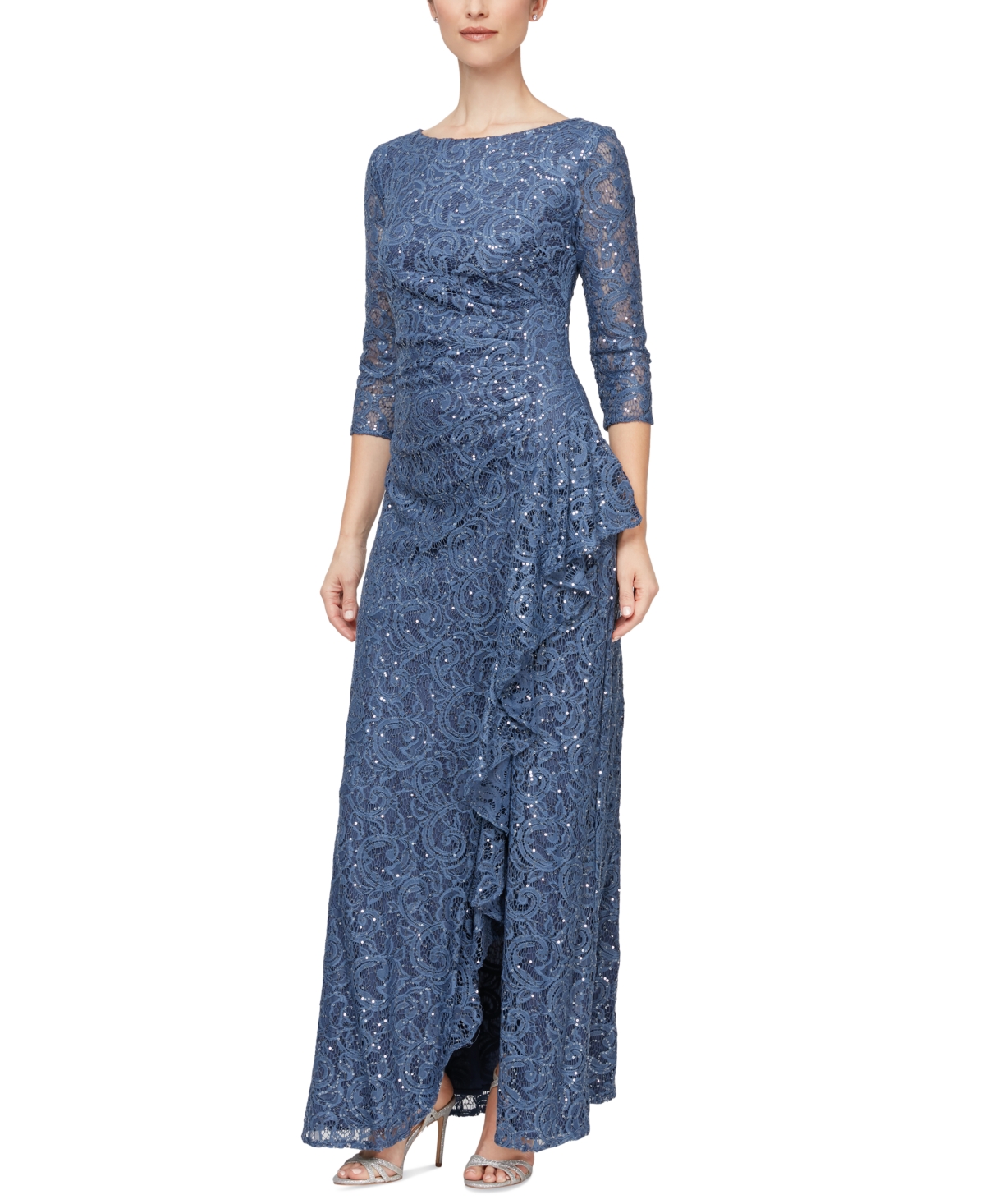 Alex Evenings Petite Sequined Lace Gown In Wedgewood