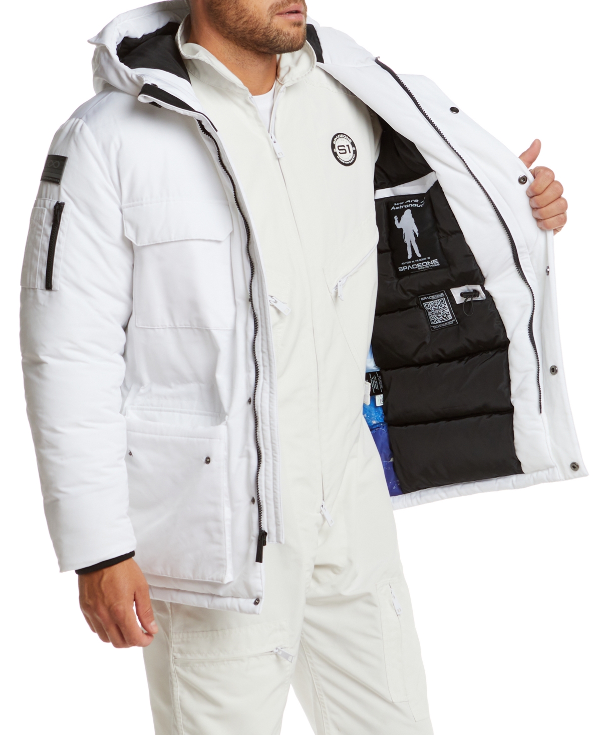 Space One Men's Nasa Inspired Parka Jacket with Printed Astronaut Interior