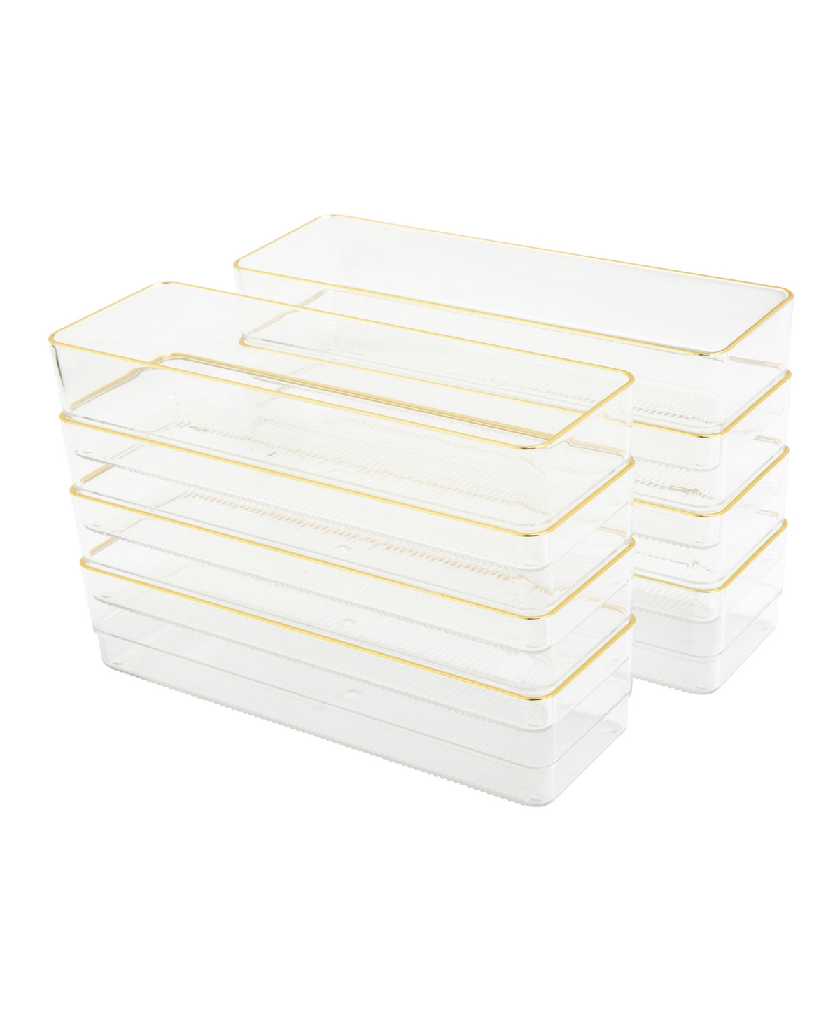 Kerry 8 Piece Plastic Stackable Office Desk Drawer Organizers, 9" x 3" - Clear, Gold Trim