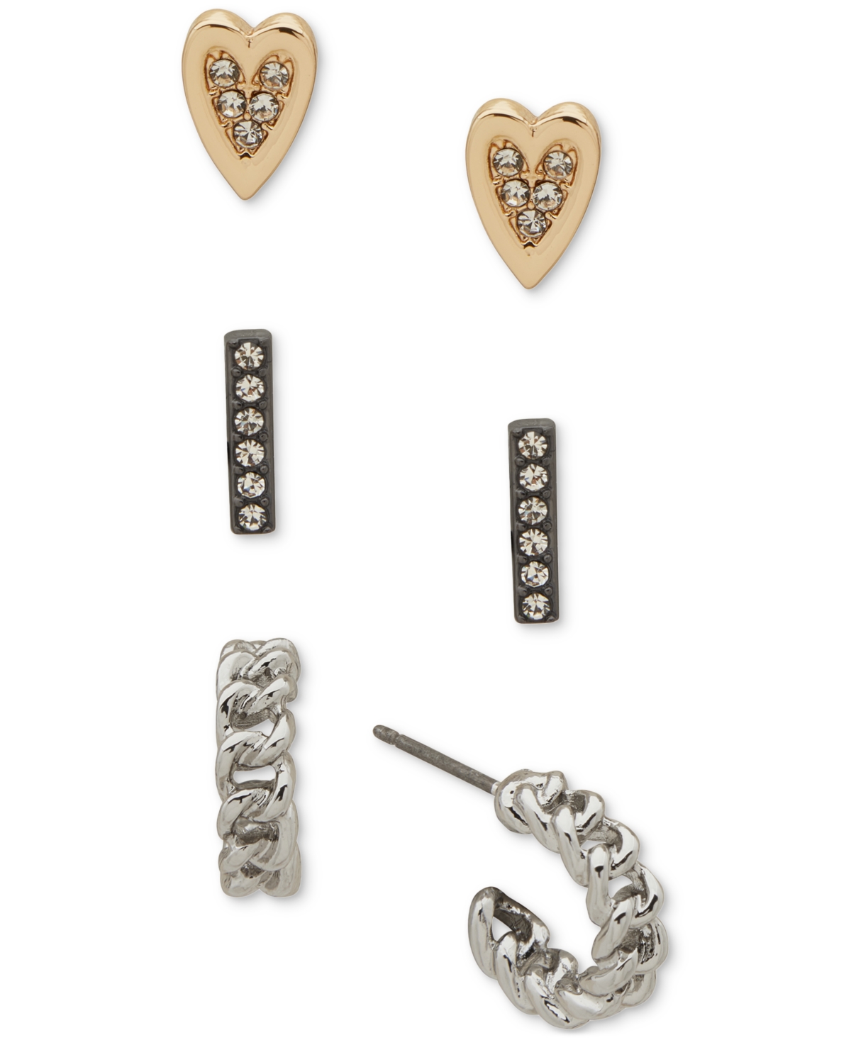 Karl Lagerfeld Tri-tone 3-pc. Set Pave Heart Stud & Hoop Earrings In Silver/ Gold/ Crystal