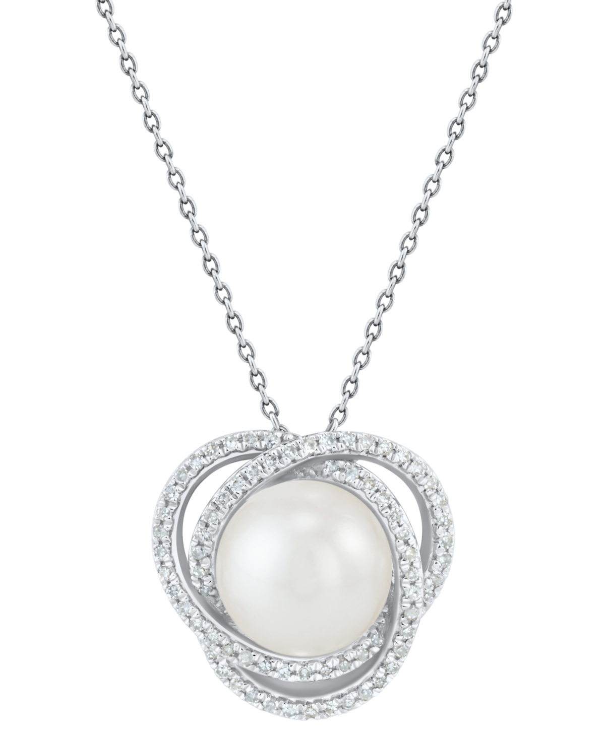 Cultured Freshwater Pearl (8mm) & Diamond (1/6 ct. t.w.) Love Knot Pendant Necklace in 14k White Gold, 16" + 2" extender - White Gold