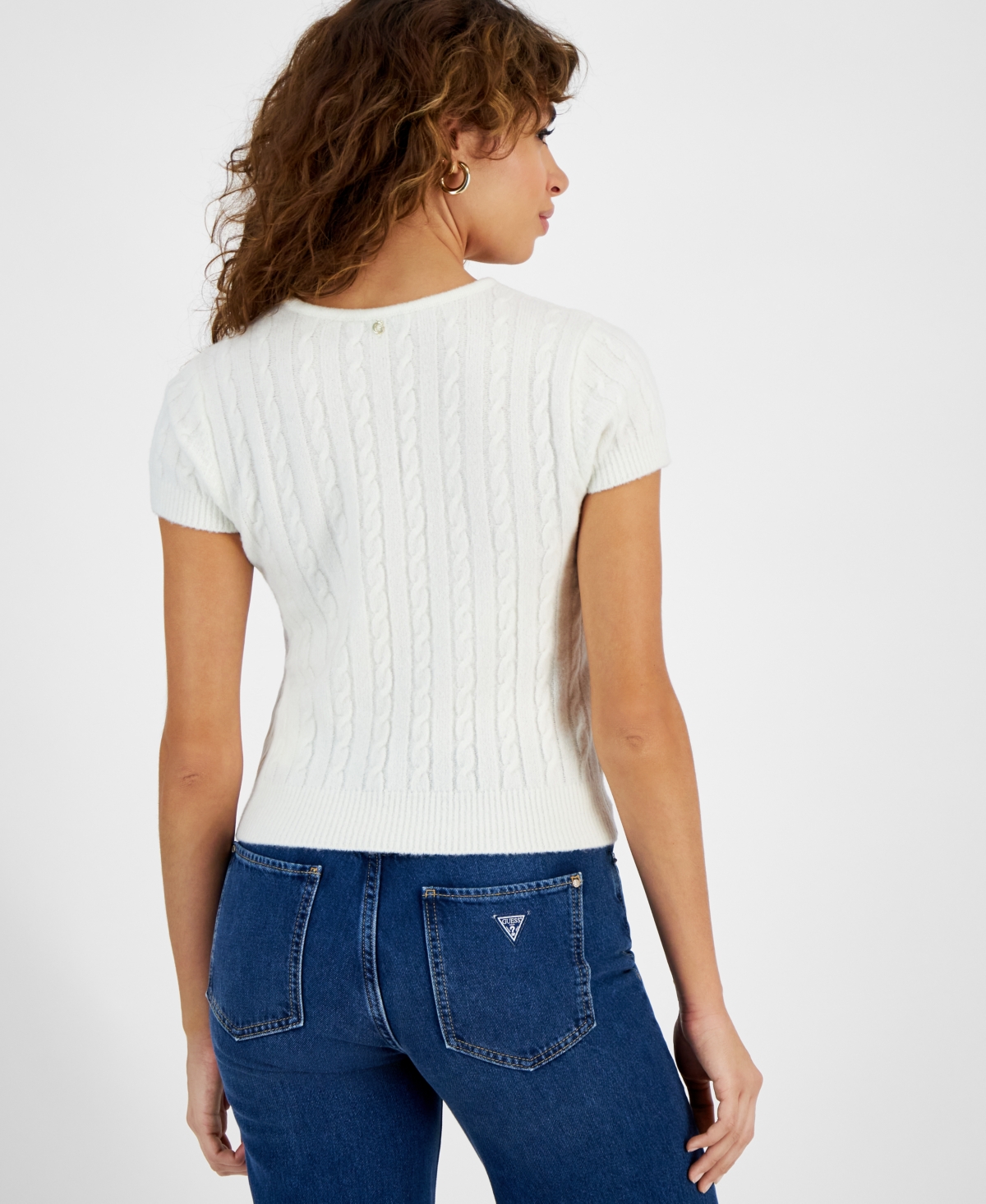 Shop Guess Women's Mariana Cable-knit Short-sleeve Sweater In Dove White