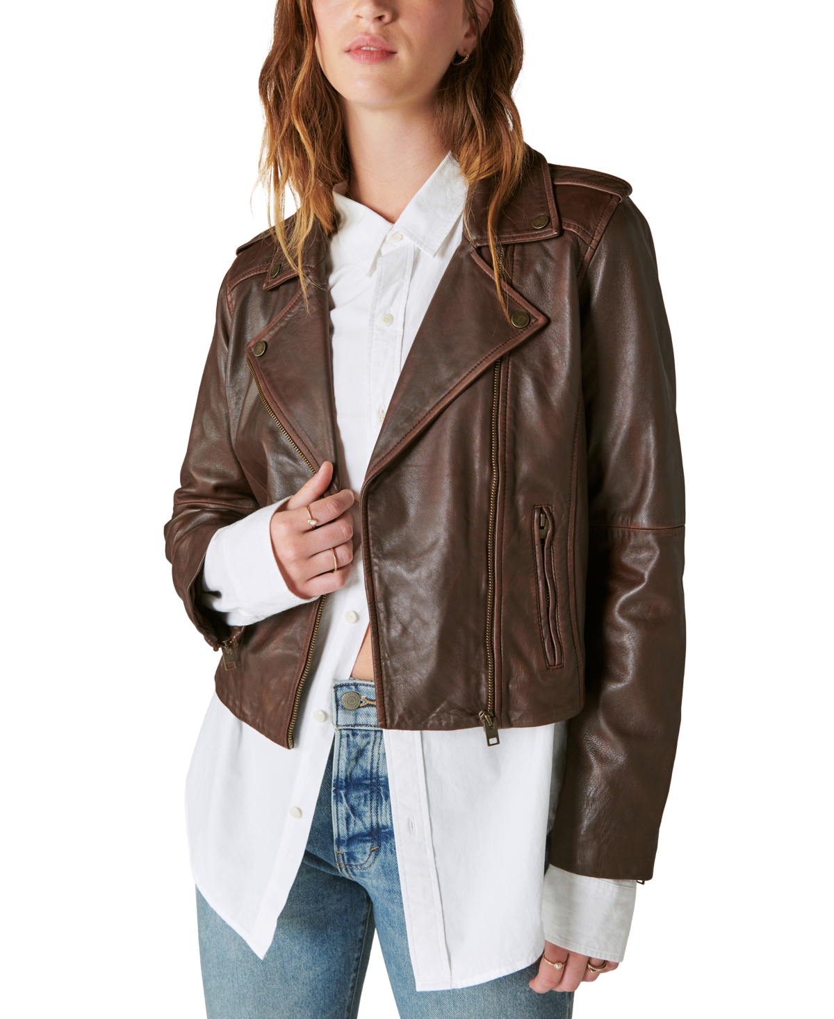 Shop Lucky Brand Women's Classic Leather Moto Jacket In Chestnut