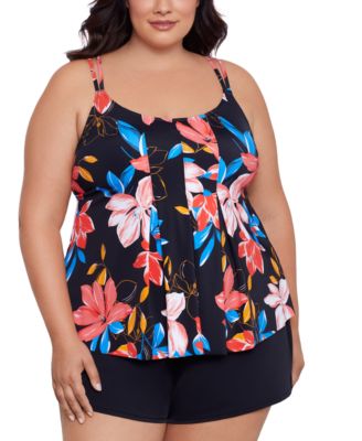 Swim Solutions Plus Size Printed Pleat Front Tankini Swim Skirt Created For Macys In Floral Park
