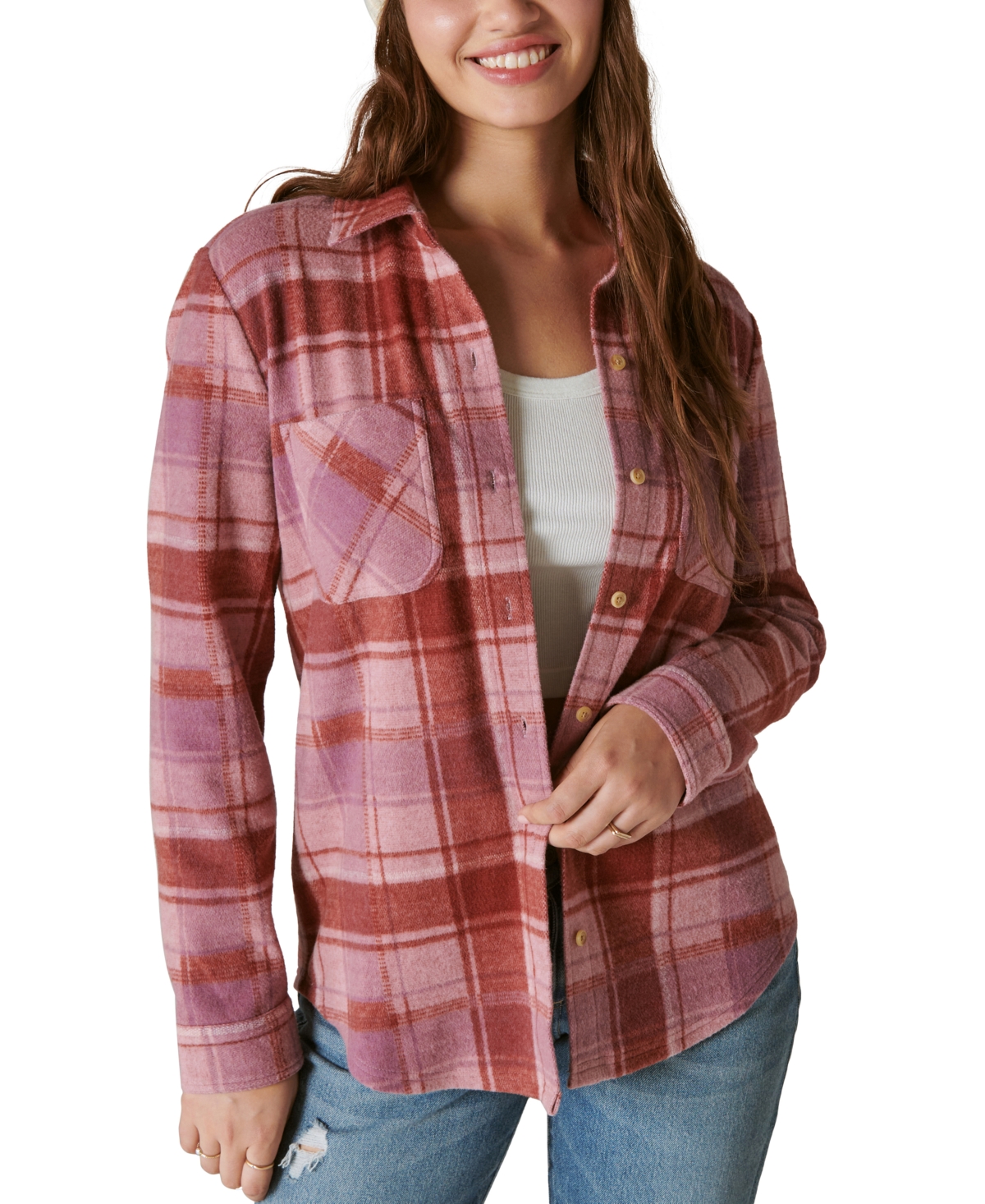 Lucky Brand Women's Cozy Plaid Button-front Shacket In Lilas Pink Plaid