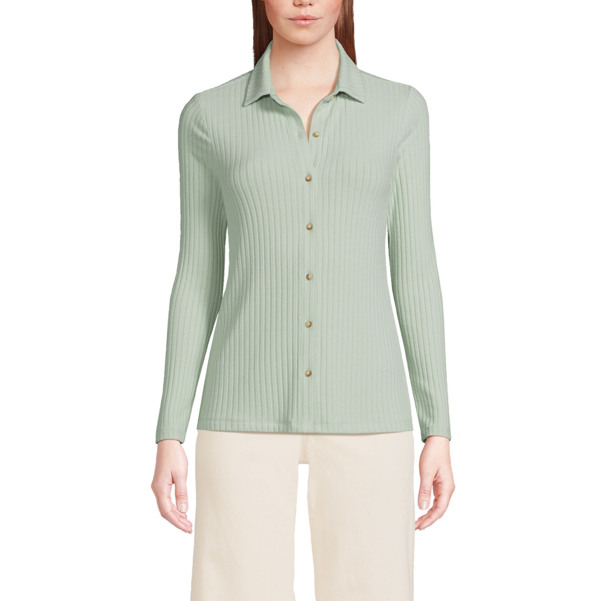 Women's Long Sleeve Wide Rib Button Front Polo Shirt - Aqua surf