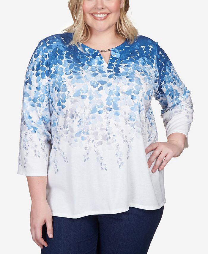 Alfred Dunner Plus Size Lavender Fields Cascading Leaves Split Neck Top ...