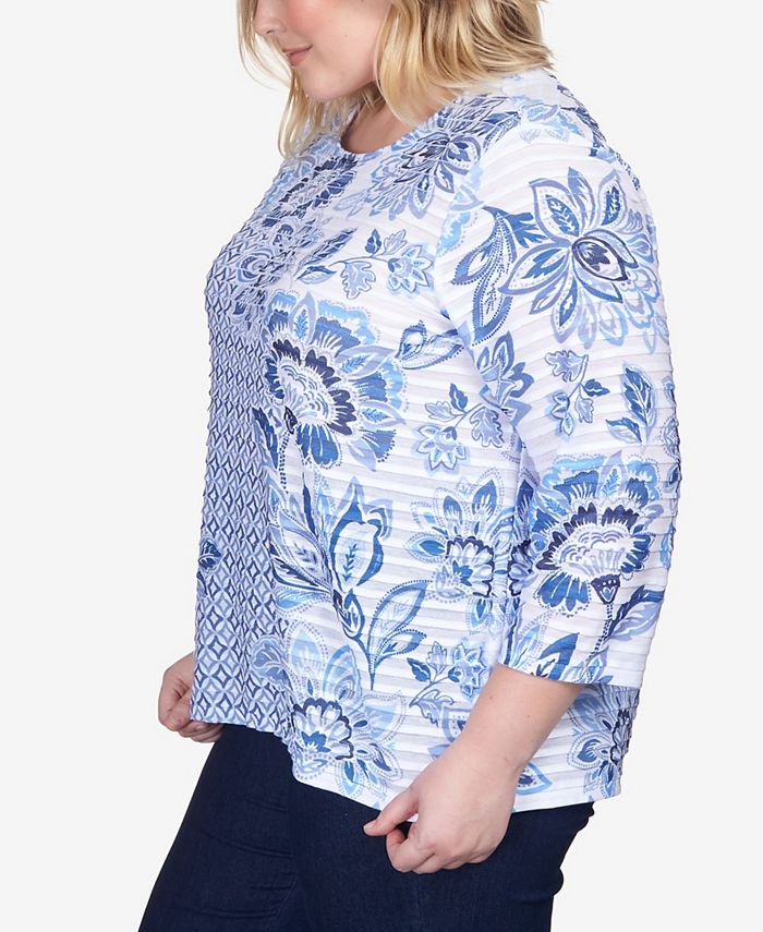 Alfred Dunner Plus Size Lavender Fields Geo Floral Printed Ruffle Top ...
