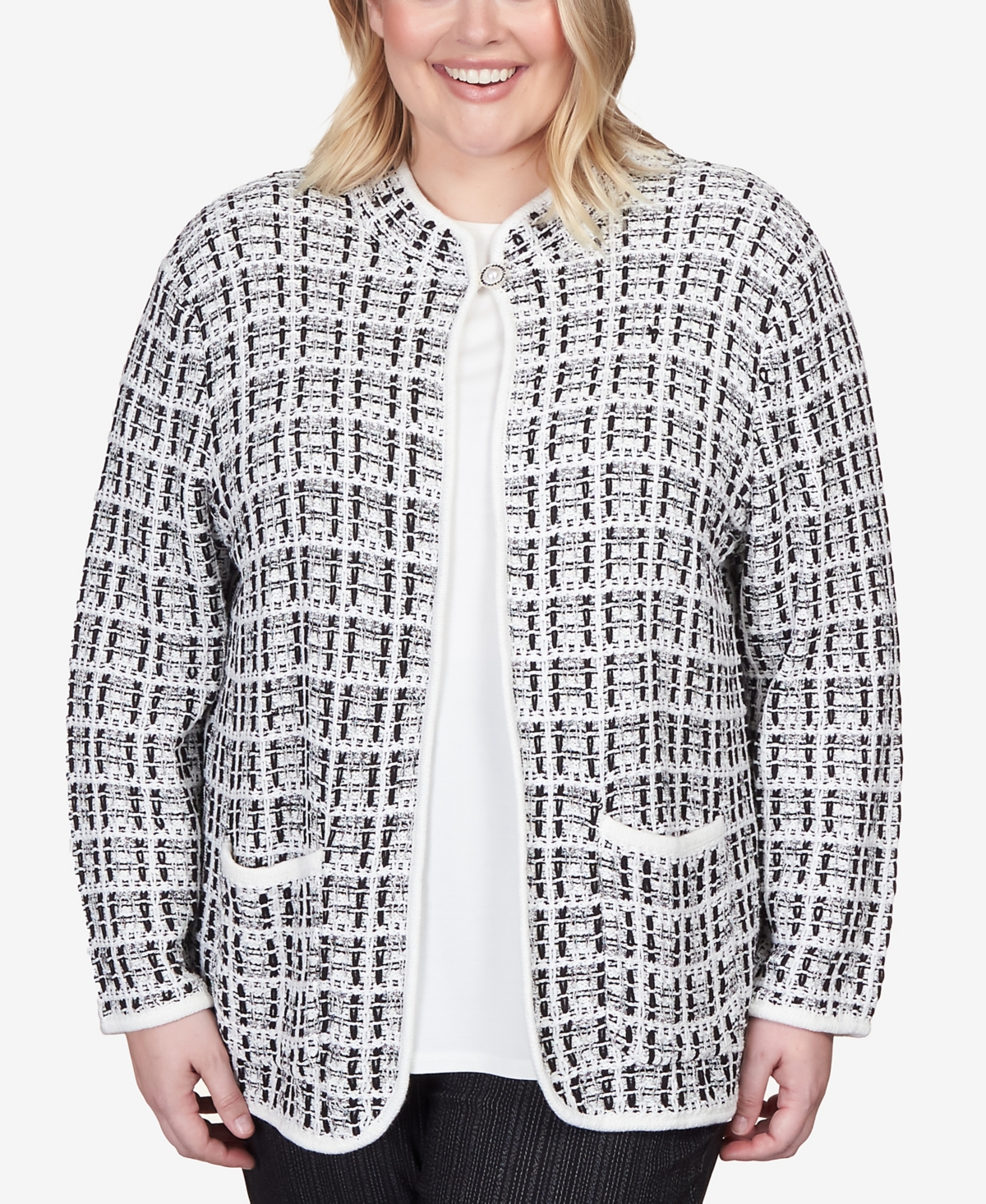 Alfred Dunner Plus Size World Traveler Knit Texture Jacket With Imitation Pearl Buttons In Multi
