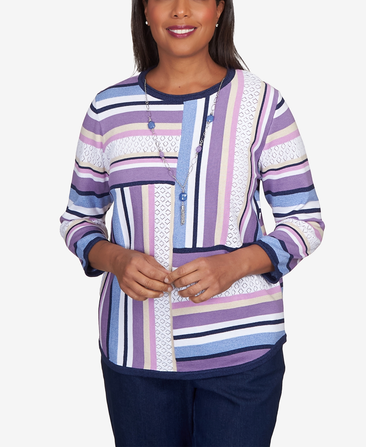 Alfred Dunner Petite Lavender Fields Blocked Stripe Shirttail Necklace Sweater In Multi