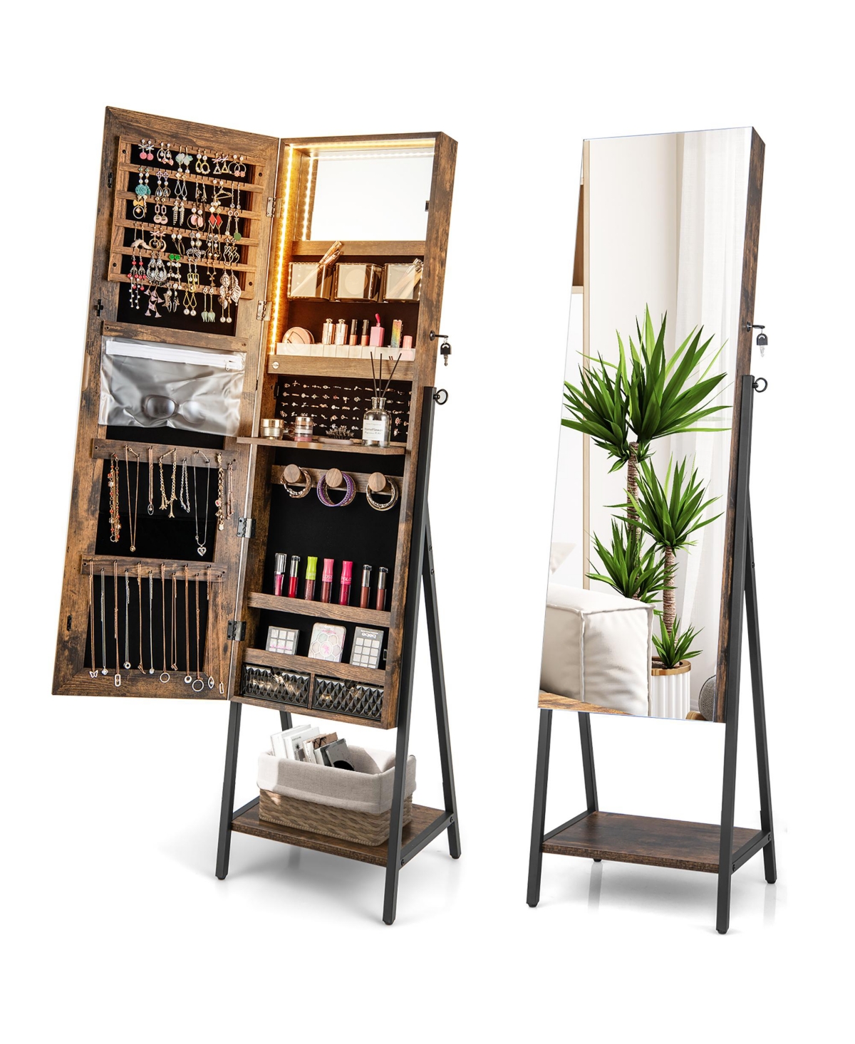 Costway Jewelry Cabinet Armoire 3 Color Led Modes Full-Length Frameless Mirror Lockable